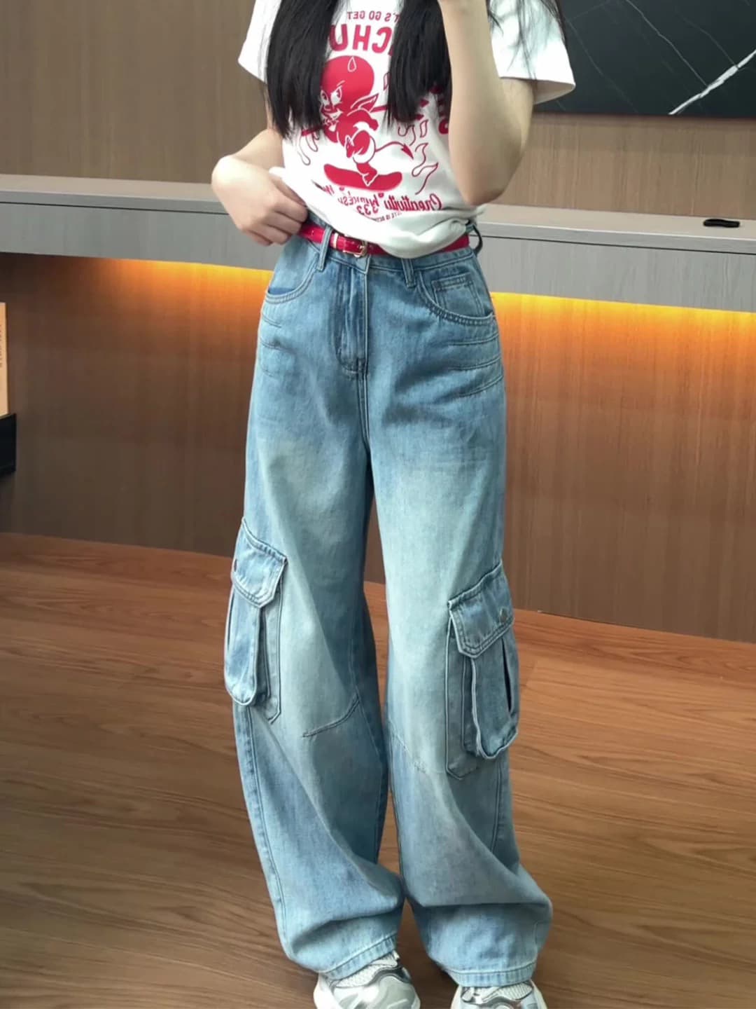 파란색 워크웨어 바람 기타 주머니 넓은 다리 청바지 여성 2026 봄 새로운 작은 키 하이웨이스트 슬림해 보이는 스트레이트 팬츠 상세 이미지 3