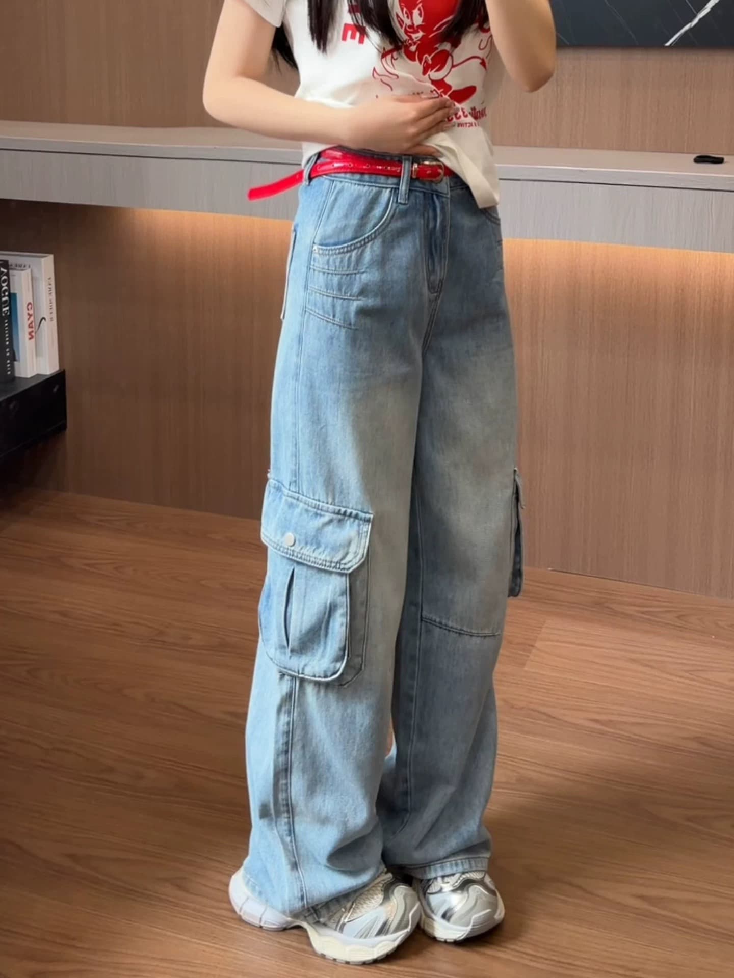 파란색 워크웨어 바람 기타 주머니 넓은 다리 청바지 여성 2026 봄 새로운 작은 키 하이웨이스트 슬림해 보이는 스트레이트 팬츠 상세 이미지 7