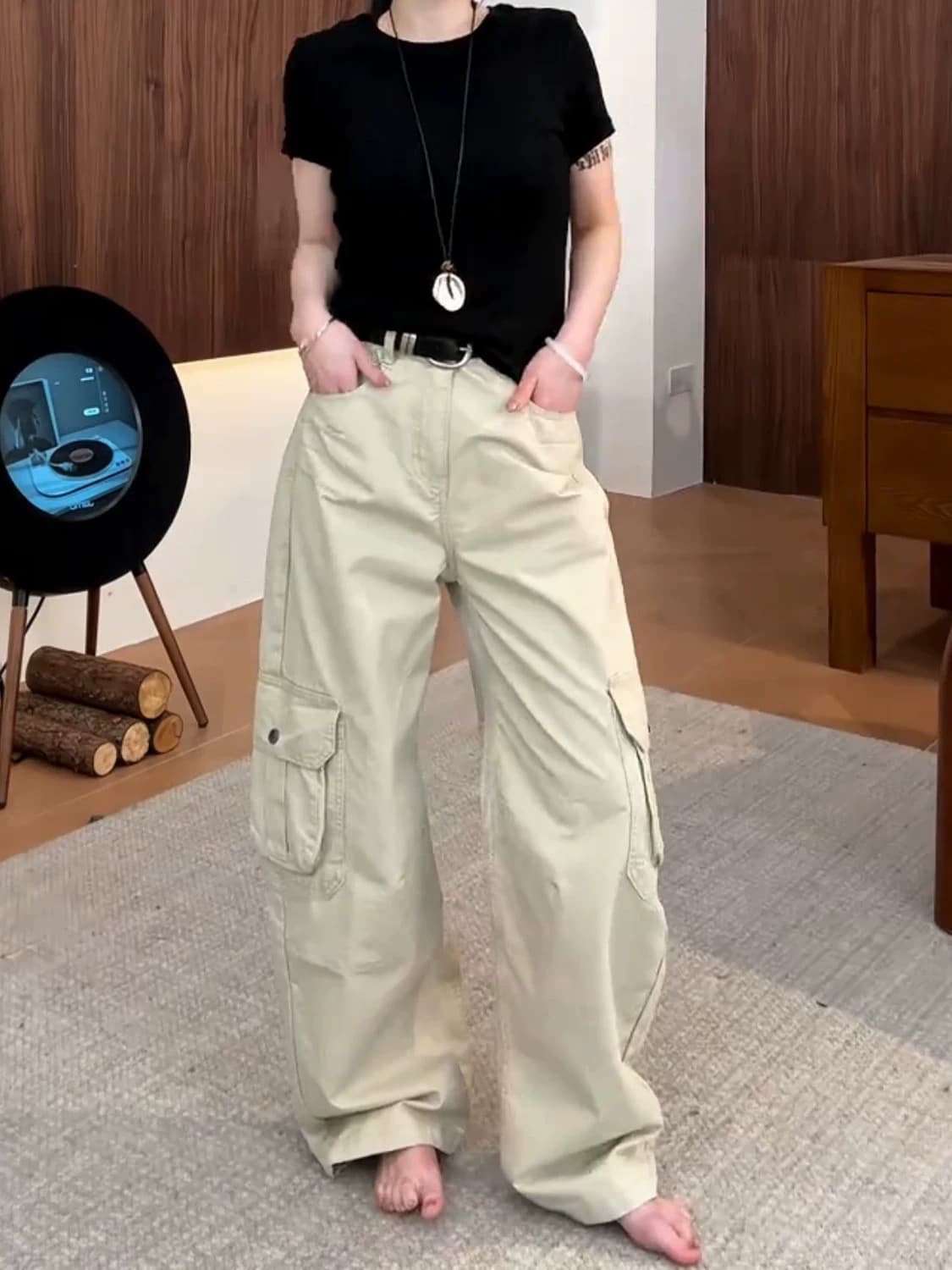 파란색 워크웨어 바람 기타 주머니 넓은 다리 청바지 여성 2026 봄 새로운 작은 키 하이웨이스트 슬림해 보이는 스트레이트 팬츠 상세 이미지 10
