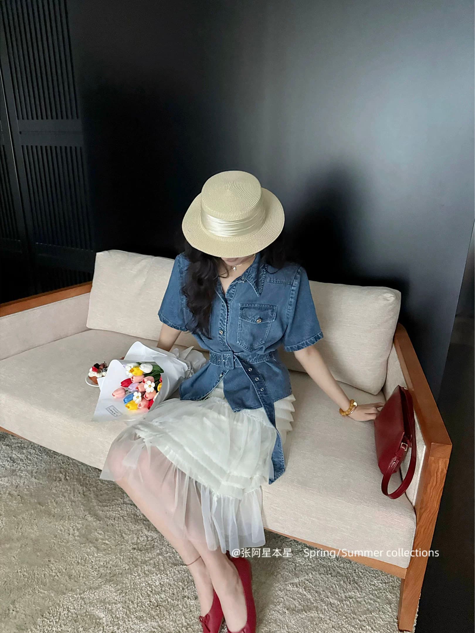 장 A 스타 데님 달콤한 리플 프랑스식 분위기 센스 데님 블루 다용도 셔츠 화이트 망사 패치워크 케이크 상세 이미지 4