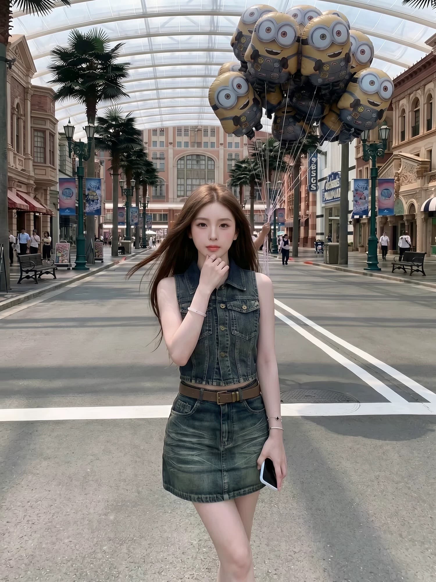 항구 바람 레트로 데님 세트 드레스 여성 여름 작은 키 베스트 하이웨이스트 미니 스커트 가스 질감 슬림해 보이는 투피스 세트 이미지 4