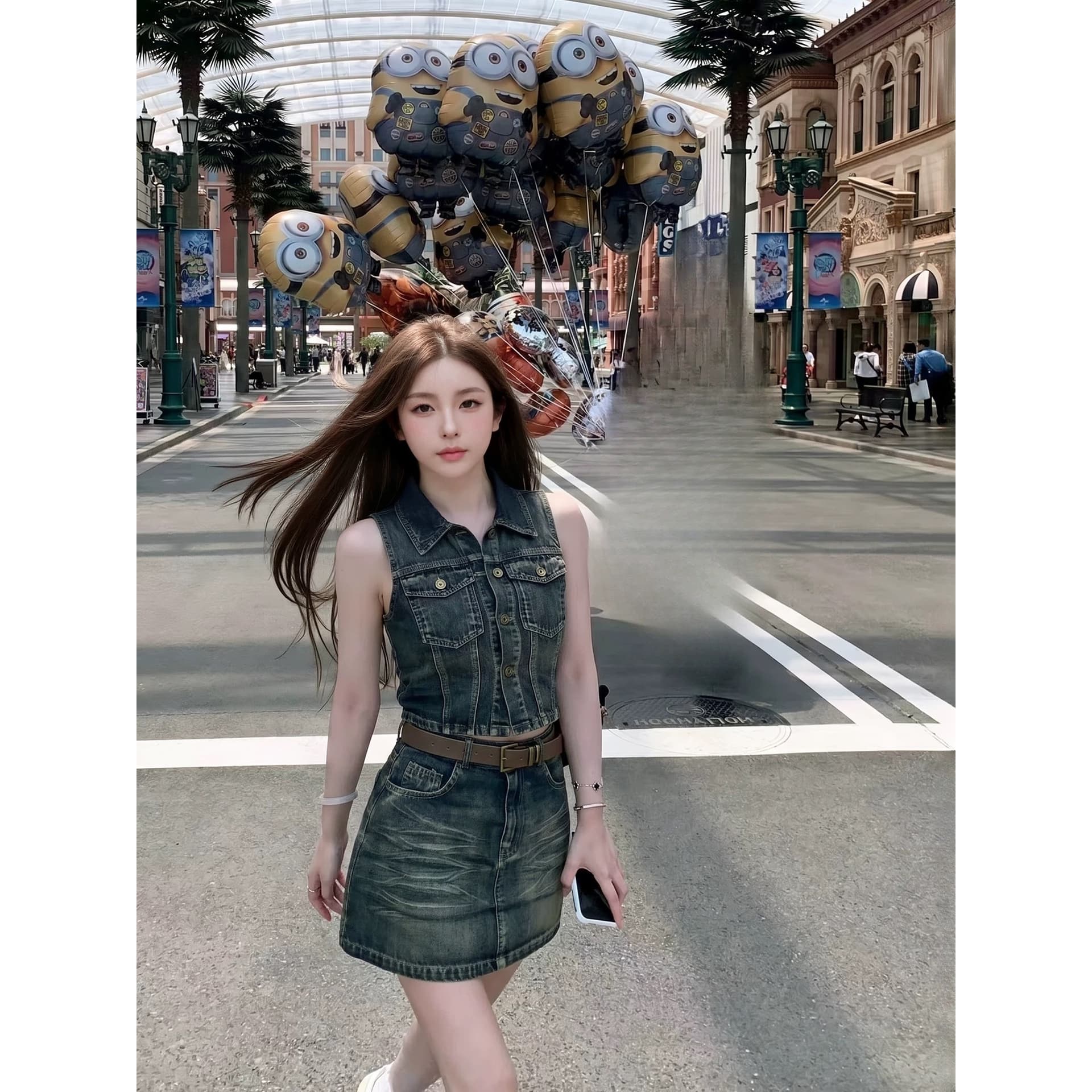 항구 바람 레트로 데님 세트 드레스 여성 여름 작은 키 베스트 하이웨이스트 미니 스커트 가스 질감 슬림해 보이는 투피스 세트 이미지 5
