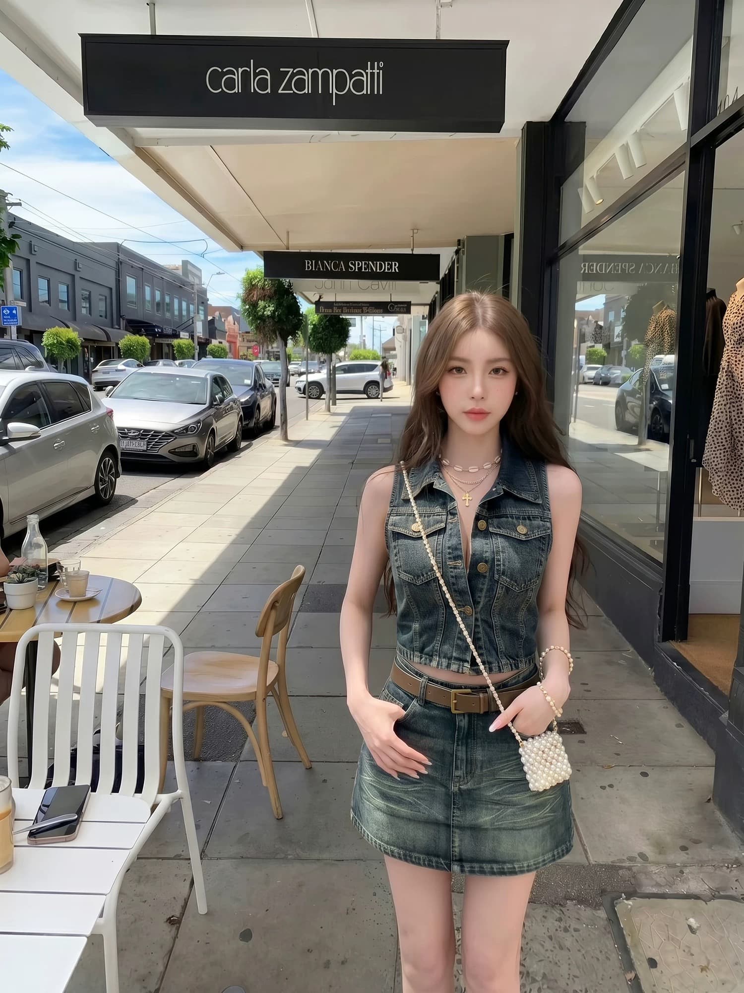 항구 바람 레트로 데님 세트 드레스 여성 여름 작은 키 베스트 하이웨이스트 미니 스커트 가스 질감 슬림해 보이는 투피스 세트 상세 이미지 3