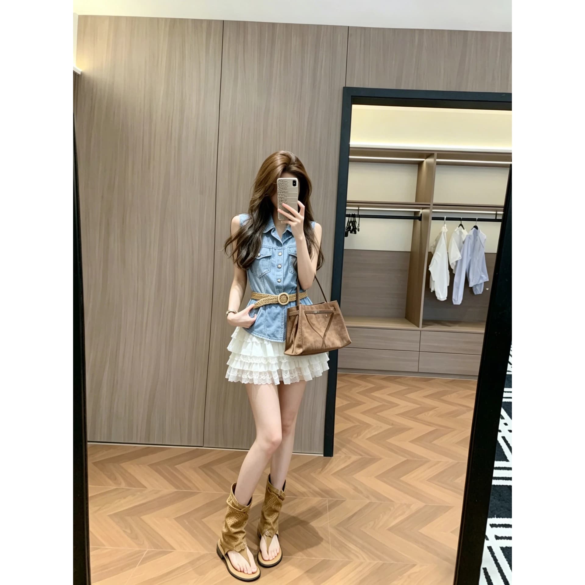캐주얼 패션 작은 대중 느긋한 바람 몸매 가꾸기 슬림해 보이는 인터넷 유명인 착용 잡아라. 의류 품격 허리 수축 한 마디 반신 치마 세트 이미지 6
