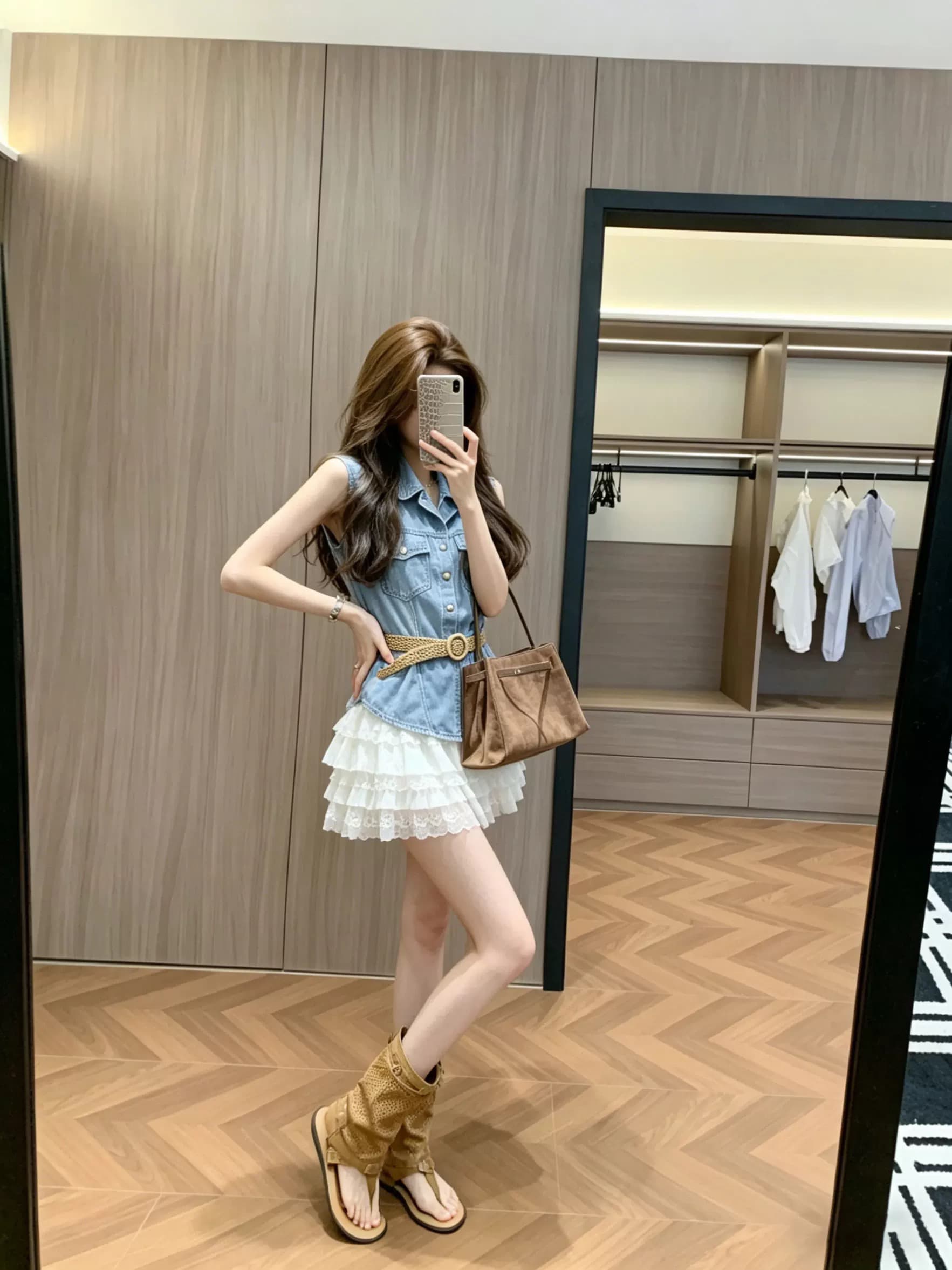캐주얼 패션 작은 대중 느긋한 바람 몸매 가꾸기 슬림해 보이는 인터넷 유명인 착용 잡아라. 의류 품격 허리 수축 한 마디 반신 치마 세트 상세 이미지 4