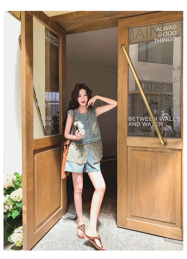 레이스 조각 분위기 센스 얇은 스타일 데님 베스트 세트 여성 여름 2026 새로운 작은 키 반바지 투피스 세트 상세 이미지 8