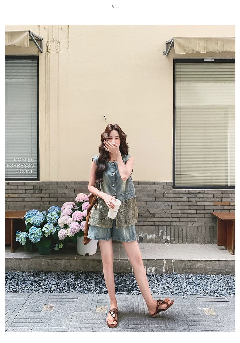 레이스 조각 분위기 센스 얇은 스타일 데님 베스트 세트 여성 여름 2026 새로운 작은 키 반바지 투피스 세트 상세 이미지 9