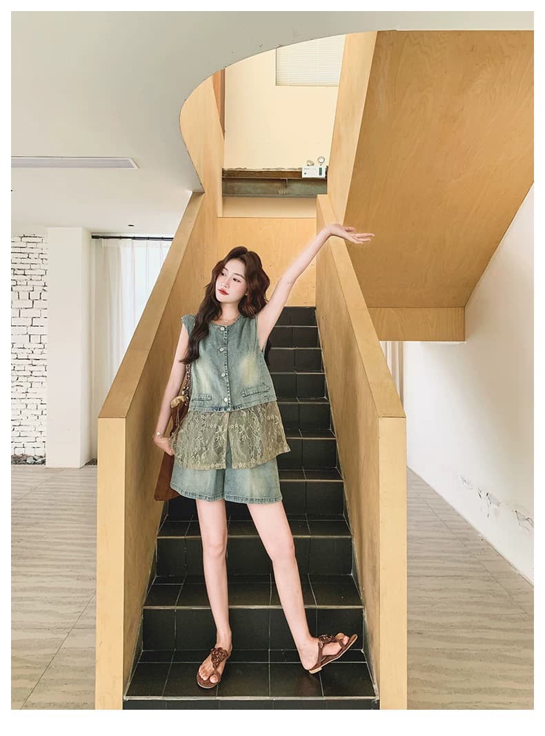 레이스 조각 분위기 센스 얇은 스타일 데님 베스트 세트 여성 여름 2026 새로운 작은 키 반바지 투피스 세트 상세 이미지 11