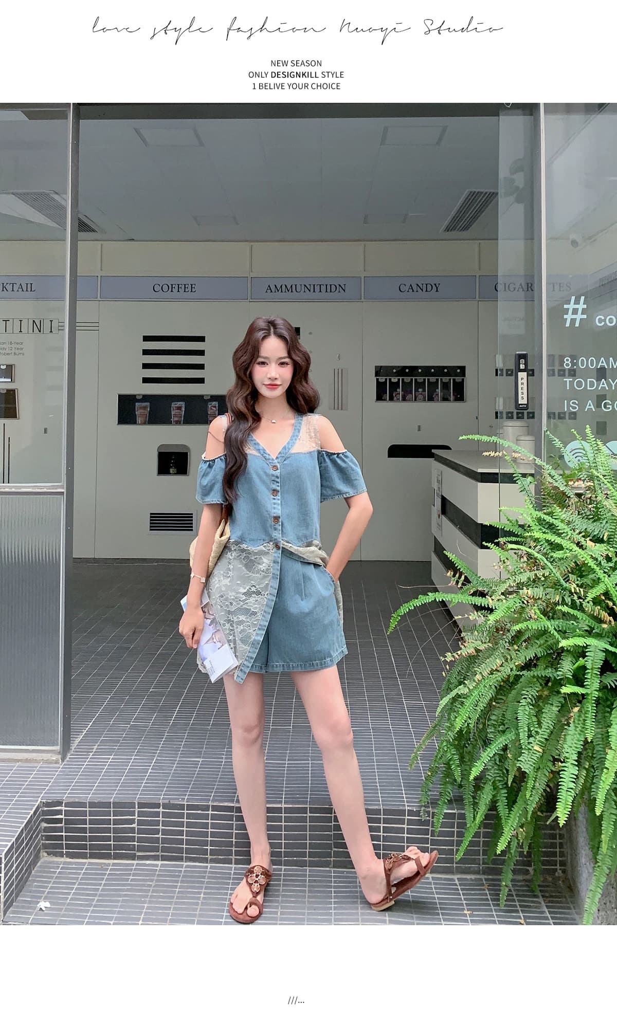 디자인 센스 오프숄더 레이스 조각 데님 맨위 세트 여성 여름 2026 년 새로운 스트레이트 반바지 투피스 세트 상세 이미지 8