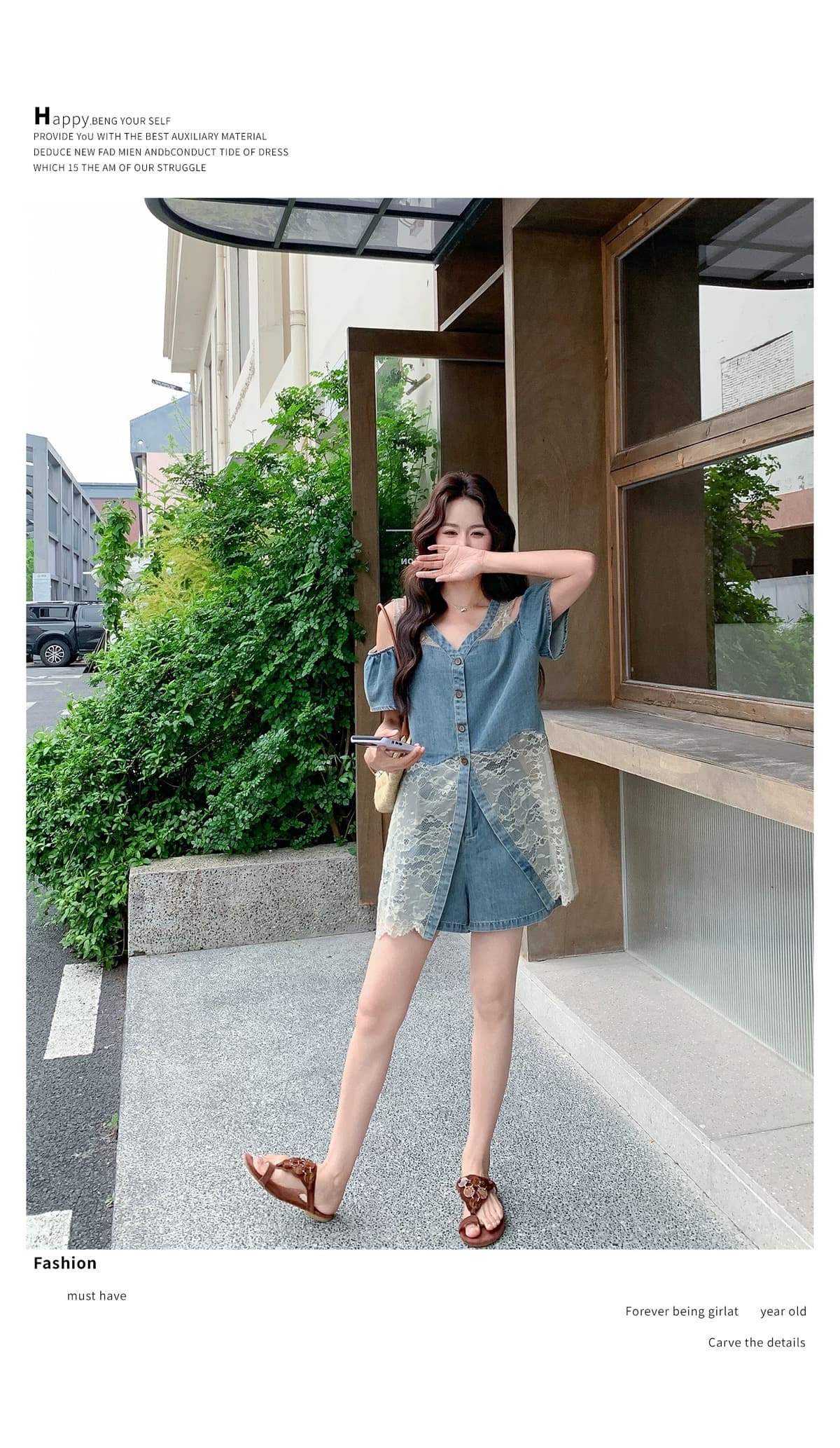 디자인 센스 오프숄더 레이스 조각 데님 맨위 세트 여성 여름 2026 년 새로운 스트레이트 반바지 투피스 세트 상세 이미지 10