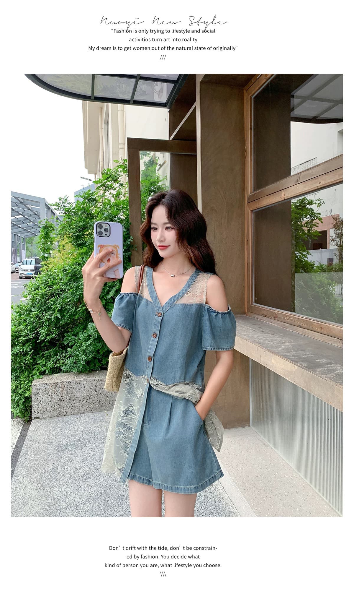 디자인 센스 오프숄더 레이스 조각 데님 맨위 세트 여성 여름 2026 년 새로운 스트레이트 반바지 투피스 세트 상세 이미지 13