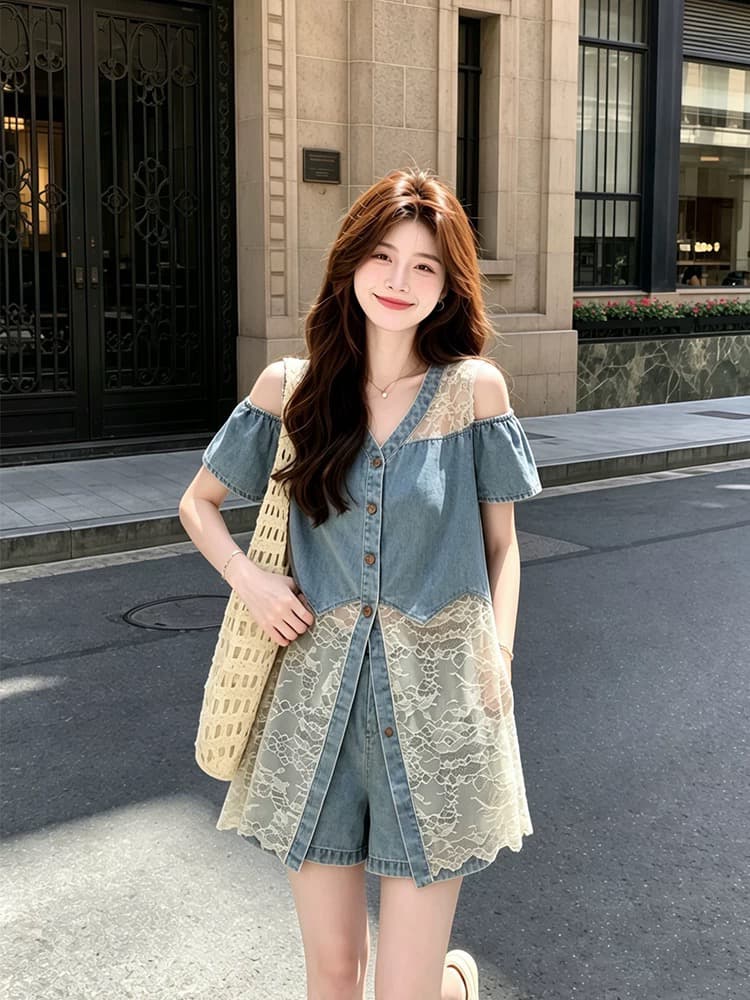 소금 부서 자이언트 잘 생긴 데님 세트 여성 여름 2026 새로운 작은 키 레이스 조각 조끼 반바지 투피스 세트 이미지 3