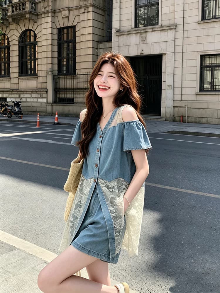 소금 부서 자이언트 잘 생긴 데님 세트 여성 여름 2026 새로운 작은 키 레이스 조각 조끼 반바지 투피스 세트 이미지 4