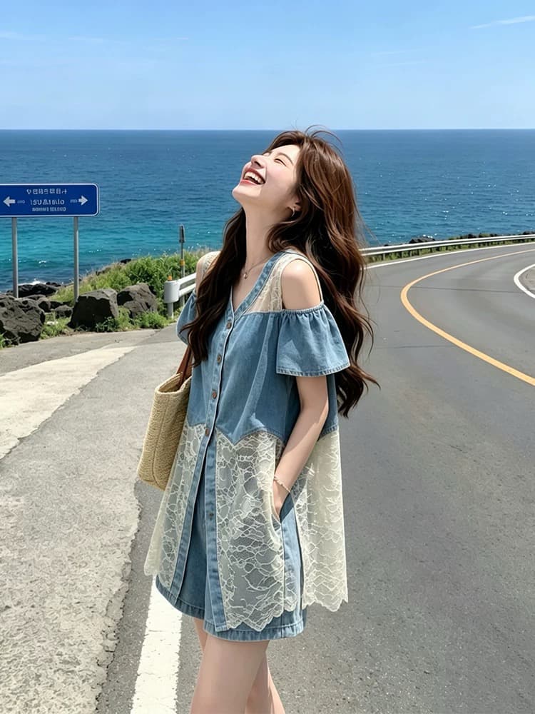 소금 부서 자이언트 잘 생긴 데님 세트 여성 여름 2026 새로운 작은 키 레이스 조각 조끼 반바지 투피스 세트 상세 이미지 4