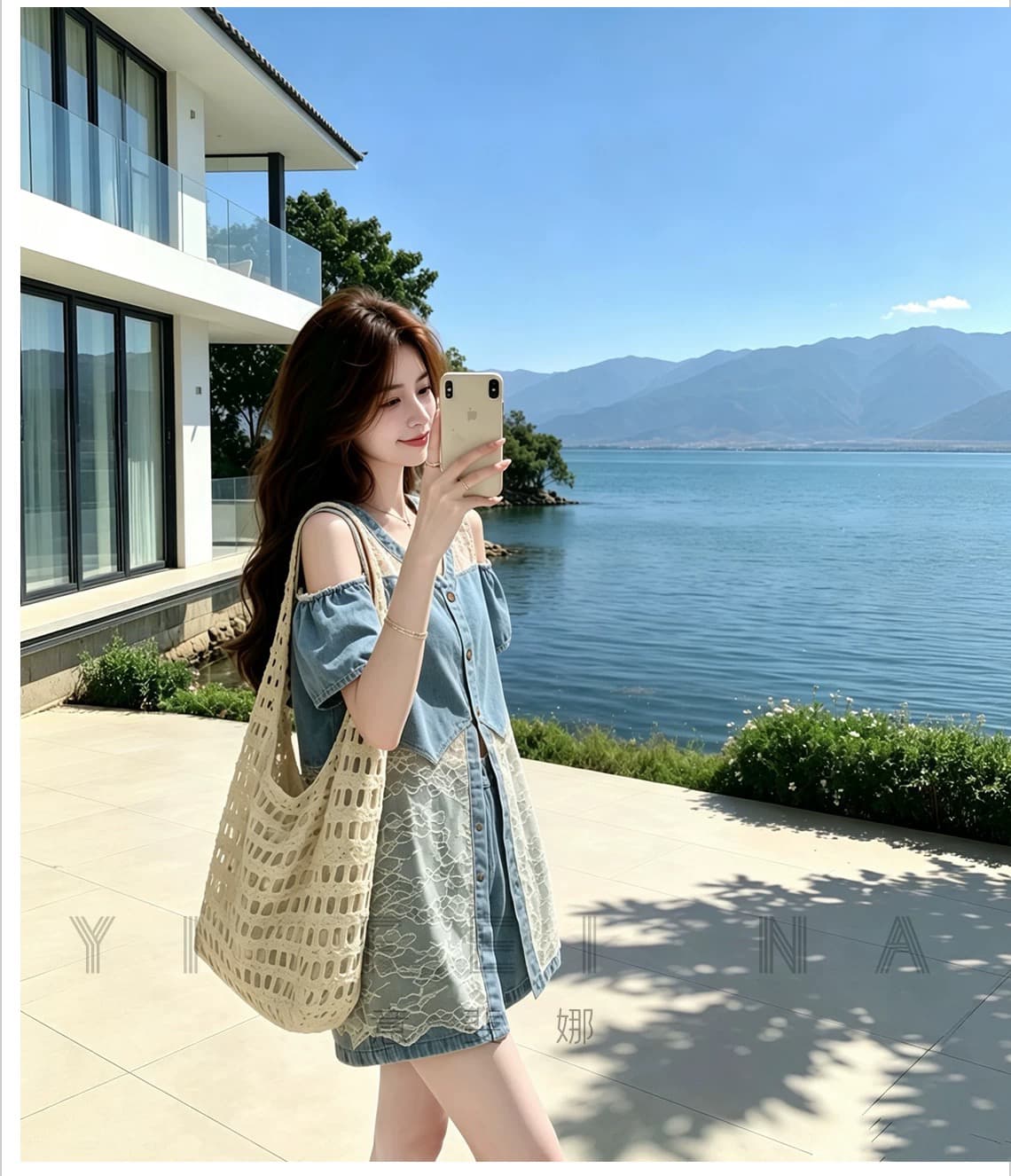 소금 부서 자이언트 잘 생긴 데님 세트 여성 여름 2026 새로운 작은 키 레이스 조각 조끼 반바지 투피스 세트 상세 이미지 12