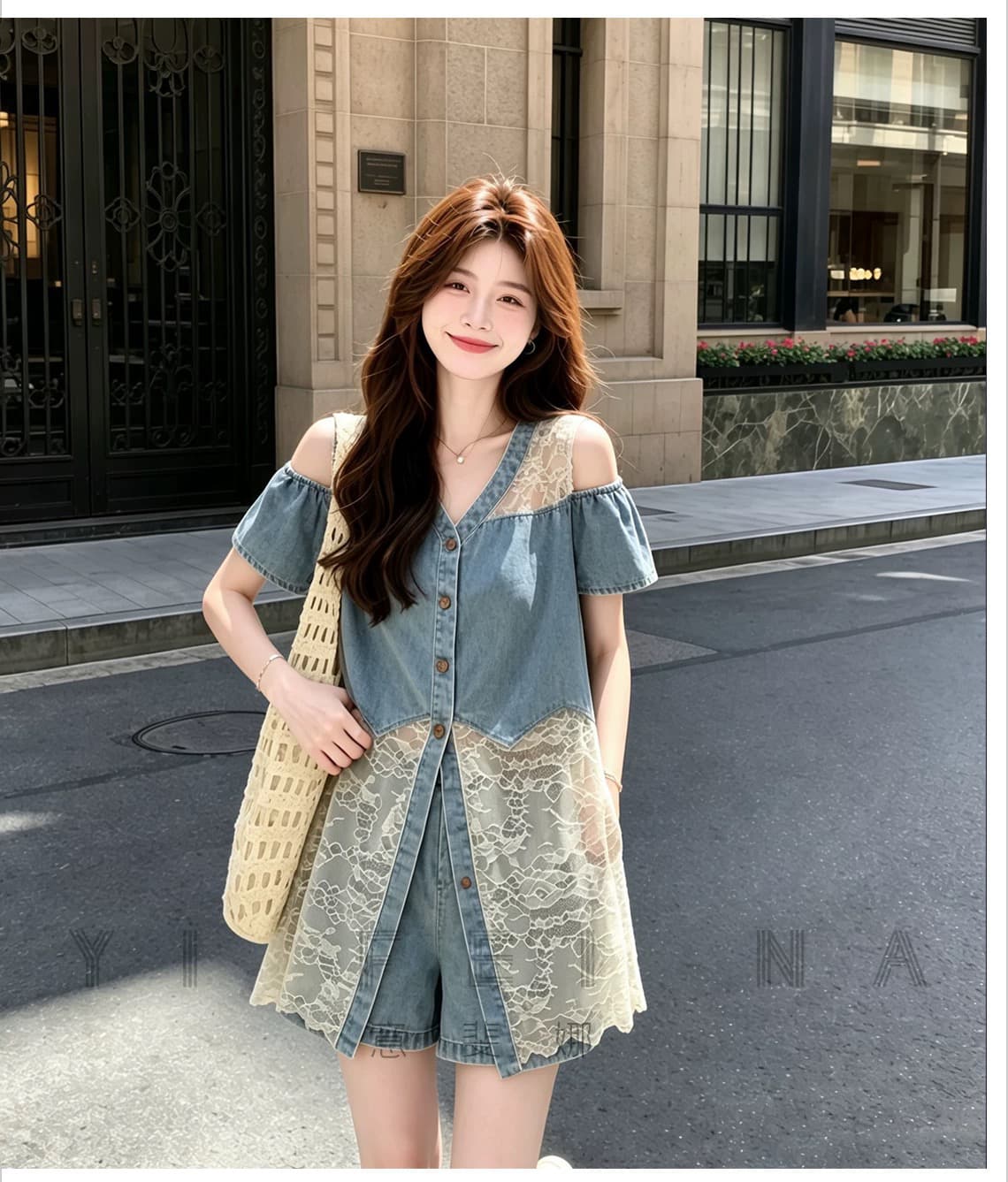 소금 부서 자이언트 잘 생긴 데님 세트 여성 여름 2026 새로운 작은 키 레이스 조각 조끼 반바지 투피스 세트 상세 이미지 13