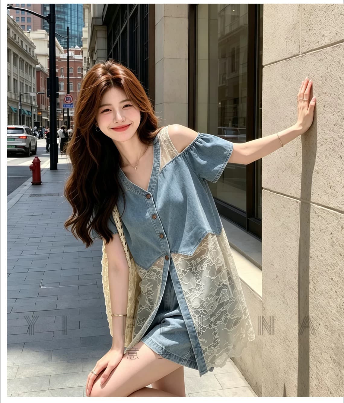 소금 부서 자이언트 잘 생긴 데님 세트 여성 여름 2026 새로운 작은 키 레이스 조각 조끼 반바지 투피스 세트 상세 이미지 14