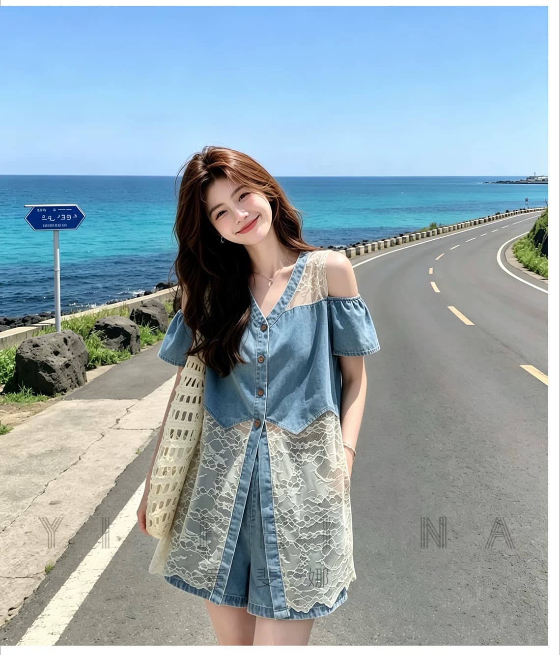 소금 부서 자이언트 잘 생긴 데님 세트 여성 여름 2026 새로운 작은 키 레이스 조각 조끼 반바지 투피스 세트 상세 이미지 15
