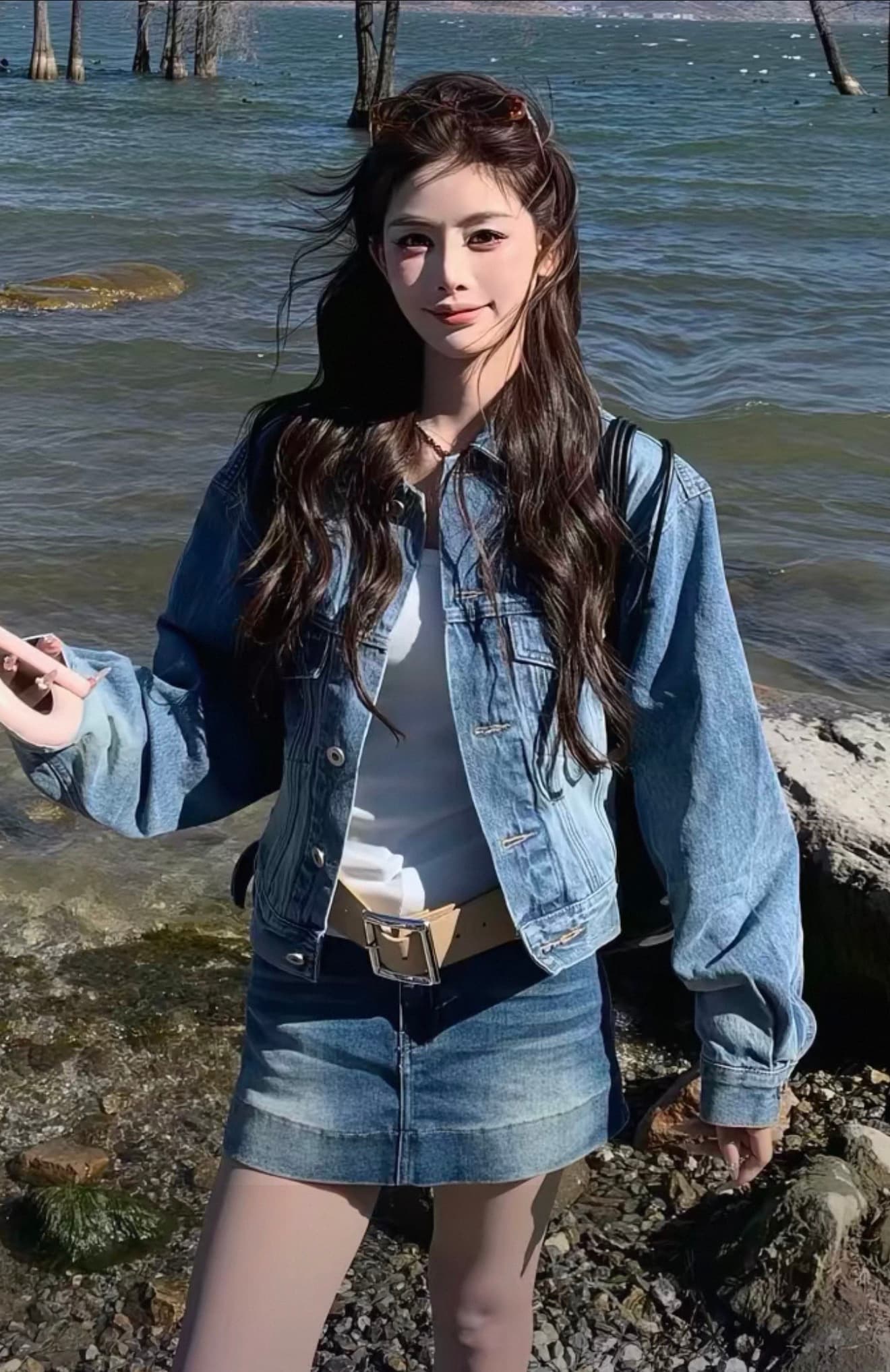 3mer 오. 오. 세 자매 한 부서 연령 감소 파란색 데님 재킷 반신 치마바지 세트 여성 봄 가을 새로운 투피스 세트 이미지 2