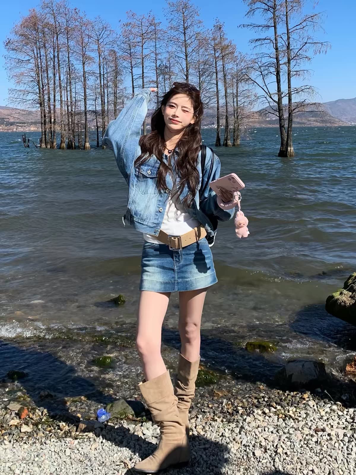 3mer 오. 오. 세 자매 한 부서 연령 감소 파란색 데님 재킷 반신 치마바지 세트 여성 봄 가을 새로운 투피스 세트 이미지 3