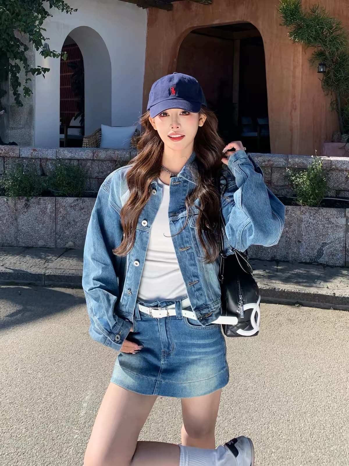 3mer 오. 오. 세 자매 한 부서 연령 감소 파란색 데님 재킷 반신 치마바지 세트 여성 봄 가을 새로운 투피스 세트 이미지 5