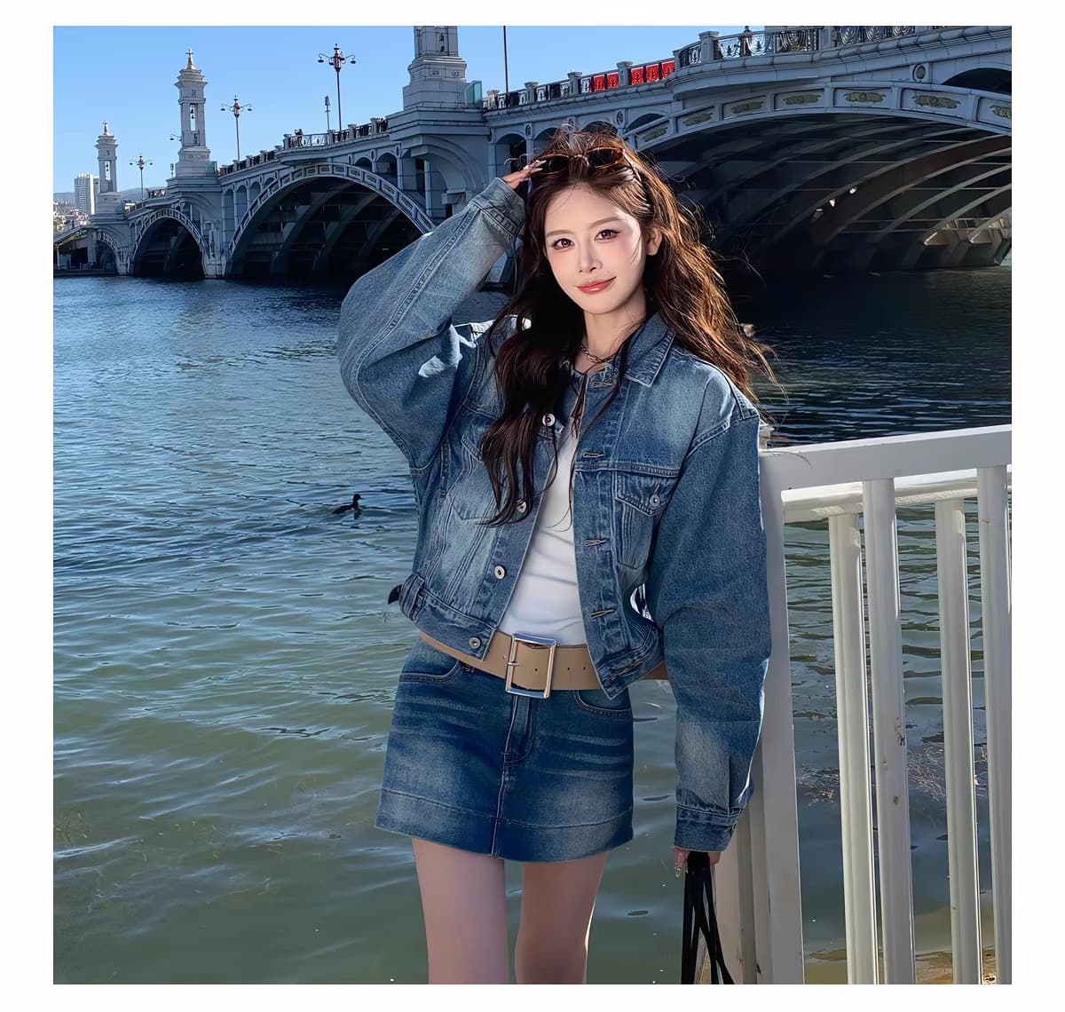 3mer 오. 오. 세 자매 한 부서 연령 감소 파란색 데님 재킷 반신 치마바지 세트 여성 봄 가을 새로운 투피스 세트 상세 이미지 6