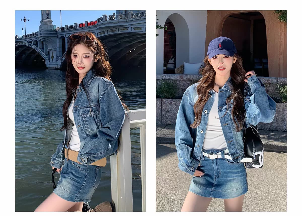 3mer 오. 오. 세 자매 한 부서 연령 감소 파란색 데님 재킷 반신 치마바지 세트 여성 봄 가을 새로운 투피스 세트 상세 이미지 8