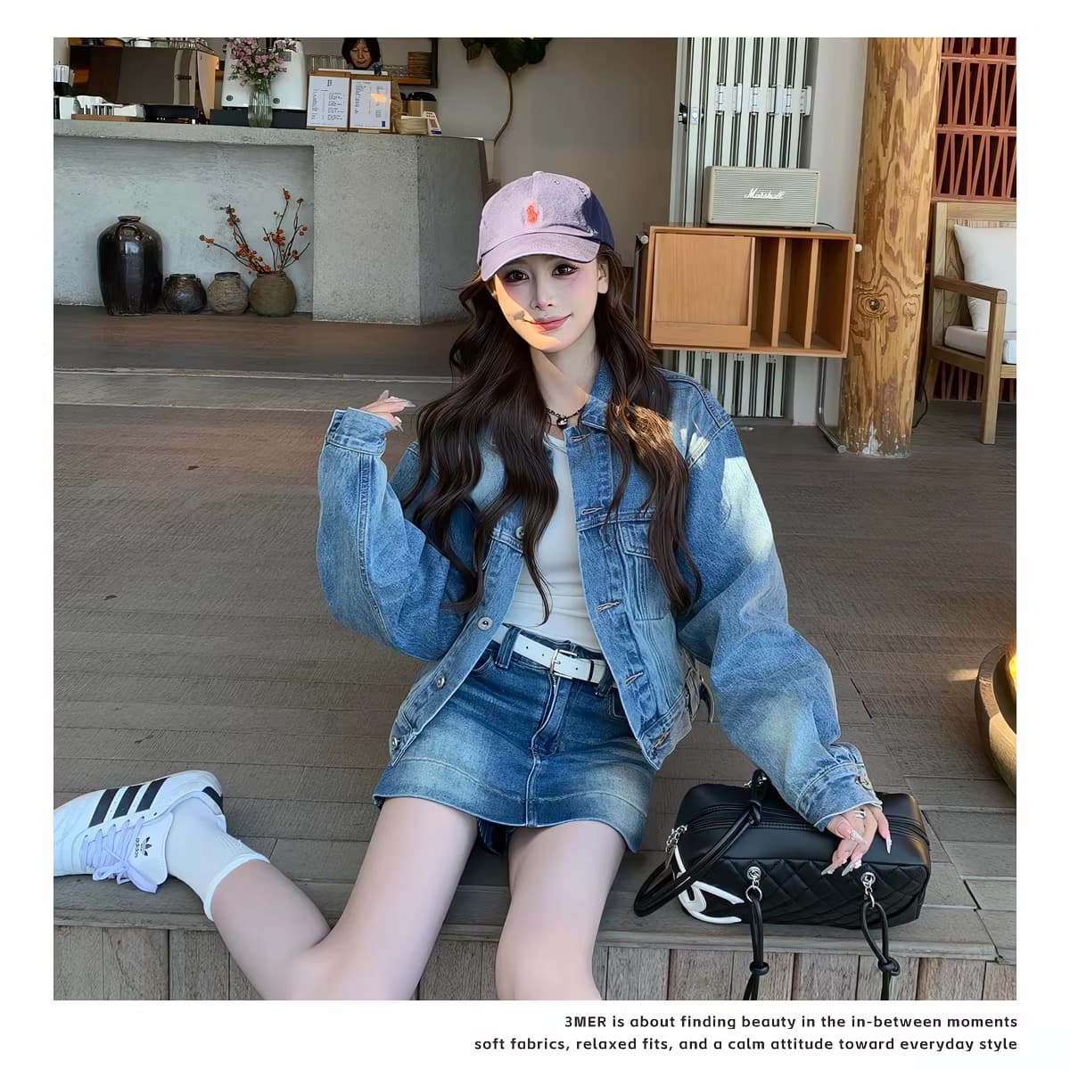 3mer 오. 오. 세 자매 한 부서 연령 감소 파란색 데님 재킷 반신 치마바지 세트 여성 봄 가을 새로운 투피스 세트 상세 이미지 9