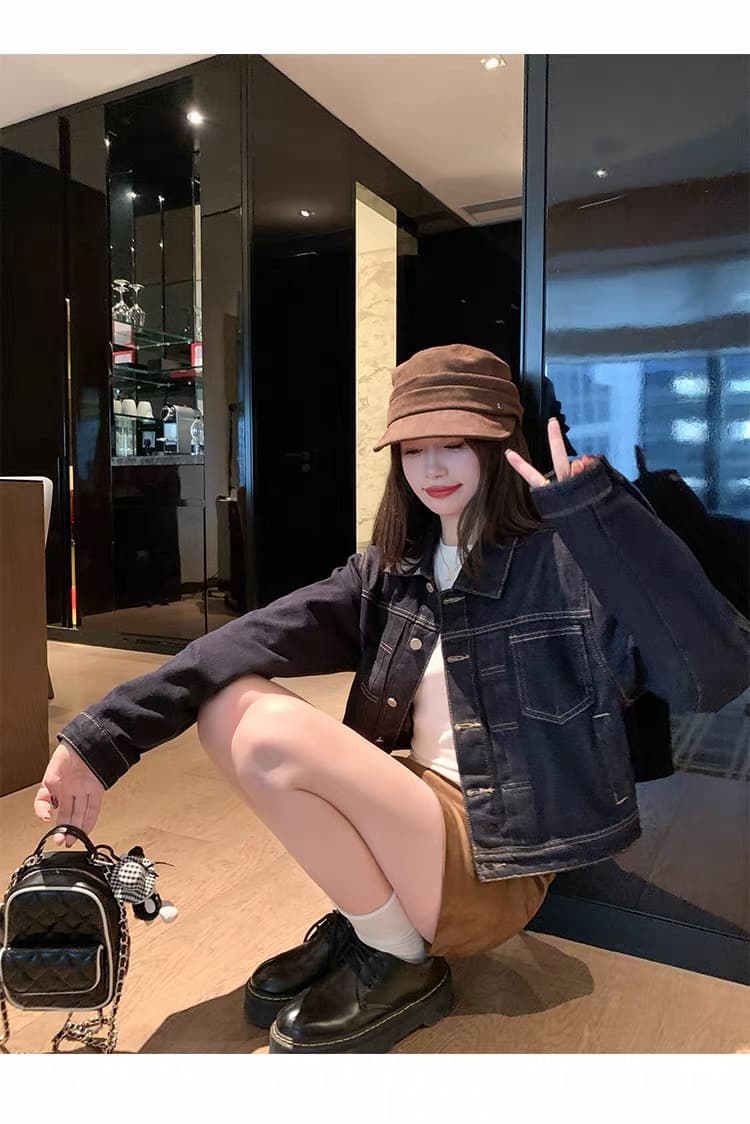 한 번 작은 짭짤한 항구 바람 레트로 진한 파란색 데님 여성 코트 이른 가을 새로운 루즈핏 쇼트 스타일 외부 가져 가라. 긴팔 맨위 상세 이미지 17