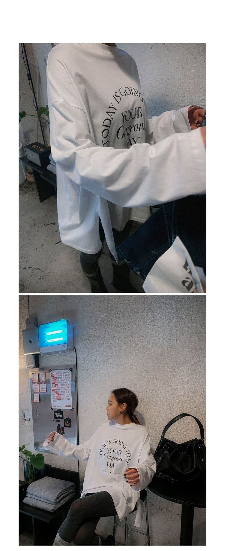 한국 동대문 프린트 구매 26ss 영어 알파벳 라운드 넥 느긋한 바람 트임 긴팔 티셔츠 이른 봄 새로운 상세 이미지 10