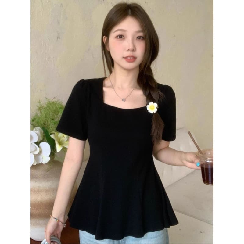 빅 사이즈 버터 과일 녹색 광장 칼라 반팔 티셔츠 여성 여름 프릴 맨위 이미지 4