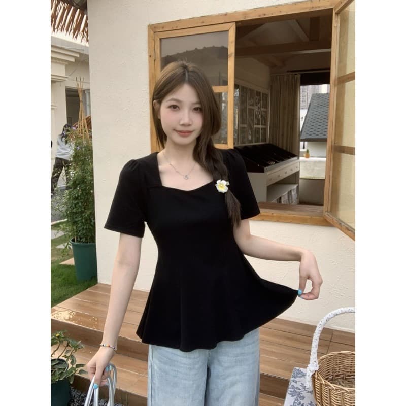 빅 사이즈 버터 과일 녹색 광장 칼라 반팔 티셔츠 여성 여름 프릴 맨위 상세 이미지 3