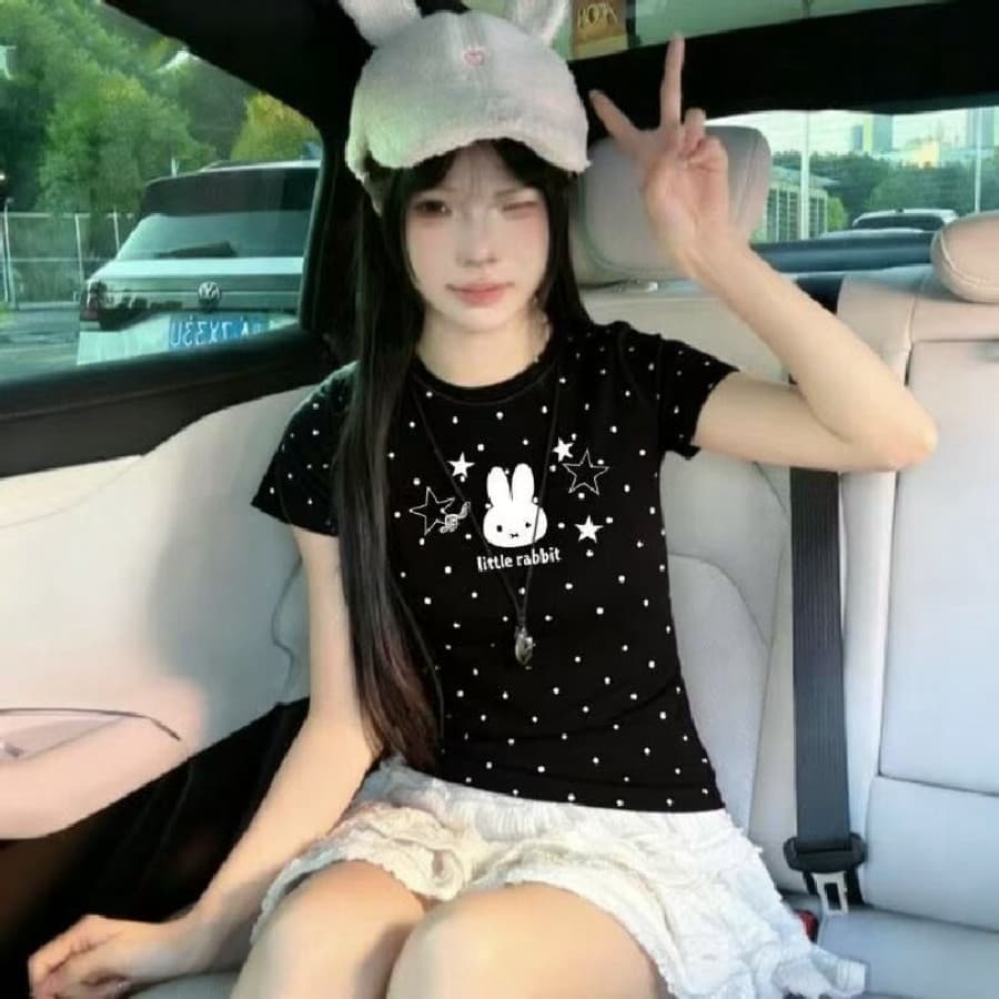 빅 사이즈 달콤함 도트 무늬 토끼 별 반팔 여성 티셔츠 여름 몸매 가꾸기 한 부서 이미지 2