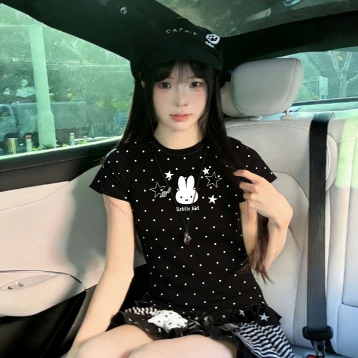 빅 사이즈 달콤함 도트 무늬 토끼 별 반팔 여성 티셔츠 여름 몸매 가꾸기 한 부서 상세 이미지 1