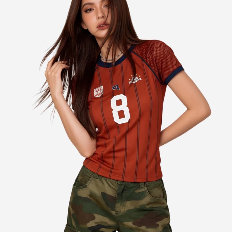 빅 사이즈 아메리칸 레트로 운동 바람 스트라이프 숫자 프린트 반팔 여성 여름 배색 저지 맨위 부드러운 미끄러짐 티셔츠 이미지 5