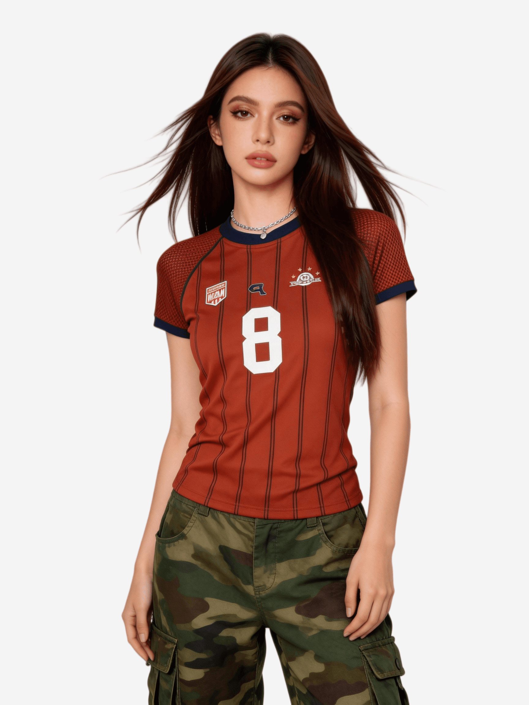 빅 사이즈 아메리칸 레트로 운동 바람 스트라이프 숫자 프린트 반팔 여성 여름 배색 저지 맨위 부드러운 미끄러짐 티셔츠 상세 이미지 2