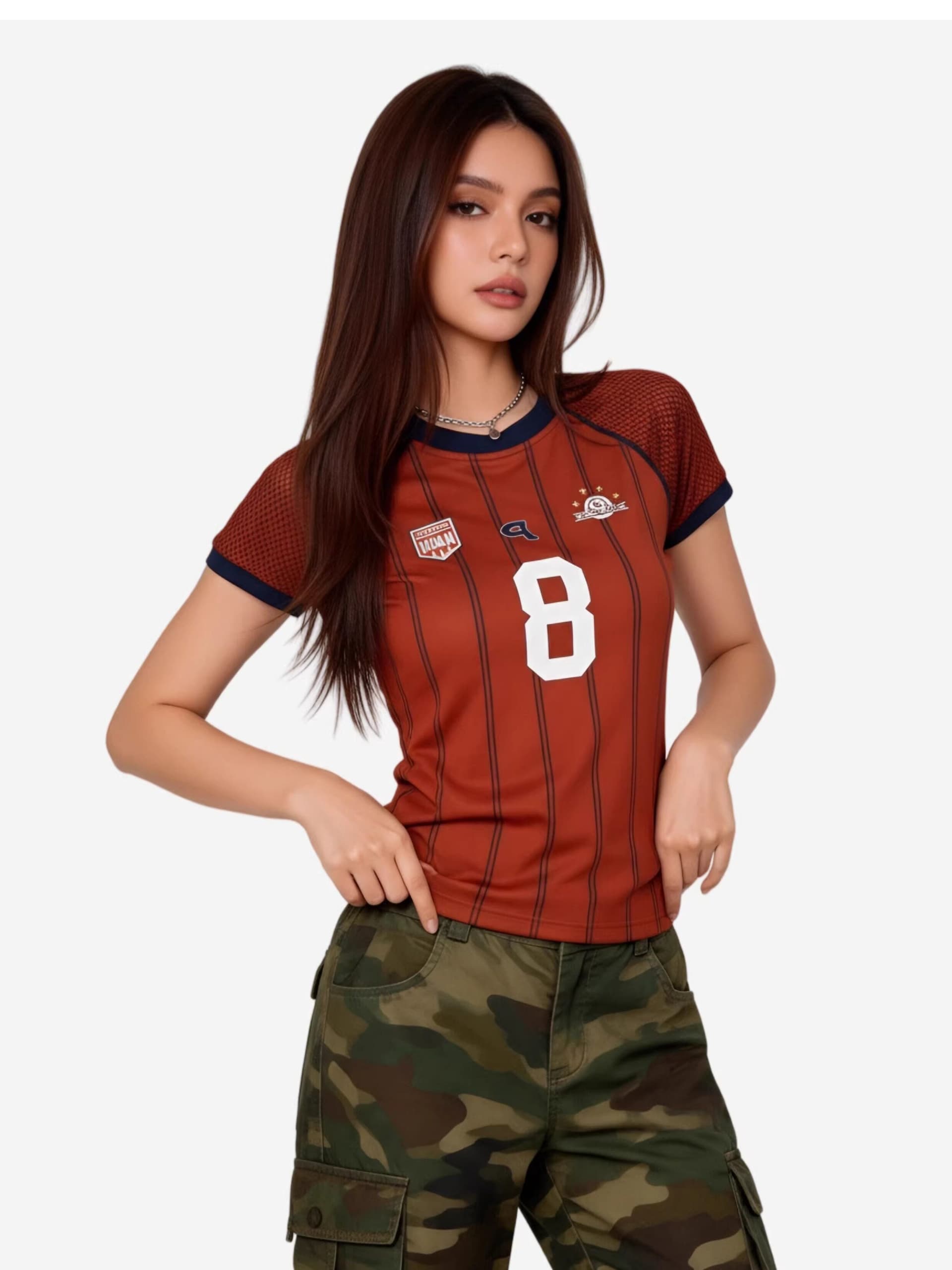 빅 사이즈 아메리칸 레트로 운동 바람 스트라이프 숫자 프린트 반팔 여성 여름 배색 저지 맨위 부드러운 미끄러짐 티셔츠 상세 이미지 5