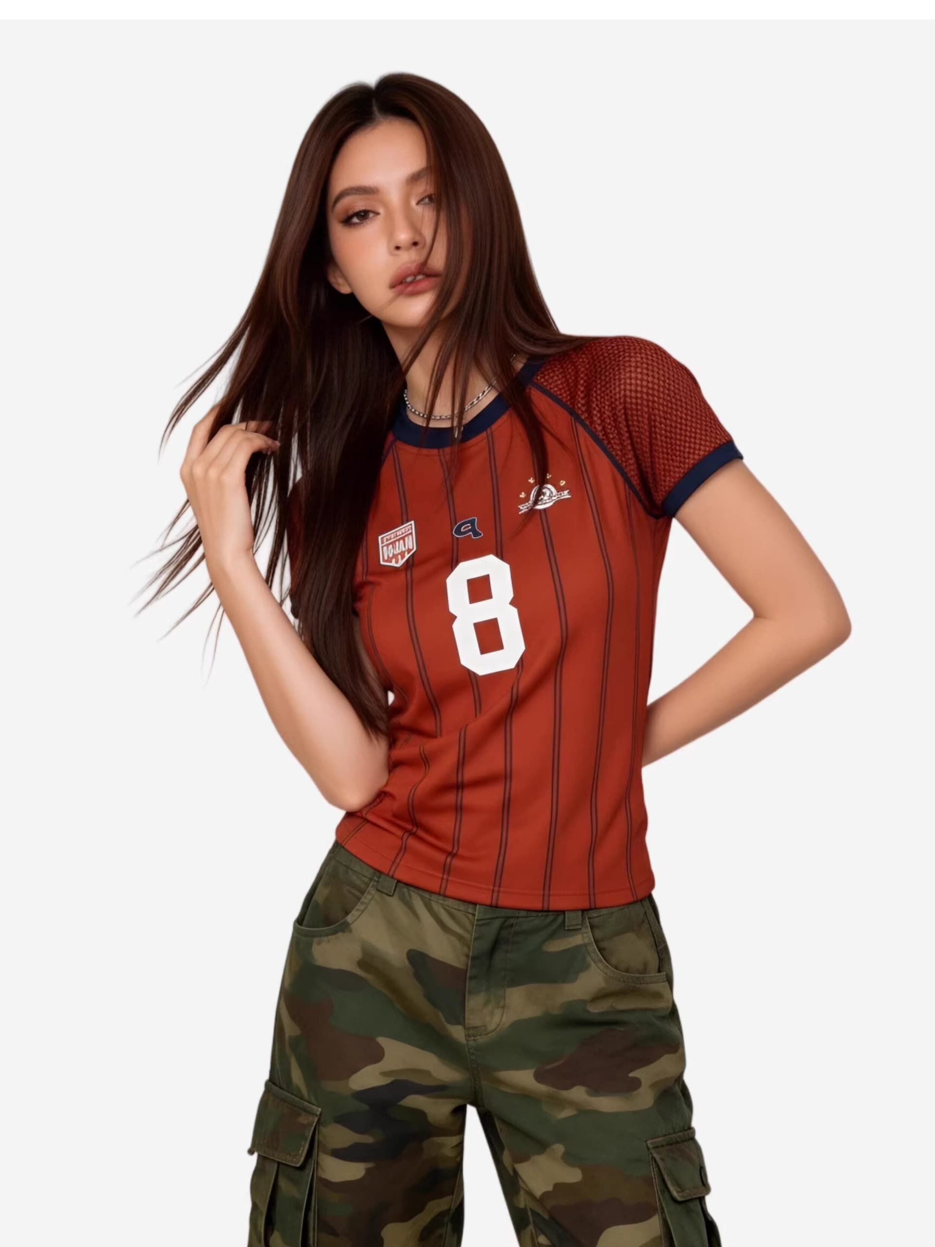 빅 사이즈 아메리칸 레트로 운동 바람 스트라이프 숫자 프린트 반팔 여성 여름 배색 저지 맨위 부드러운 미끄러짐 티셔츠 상세 이미지 7