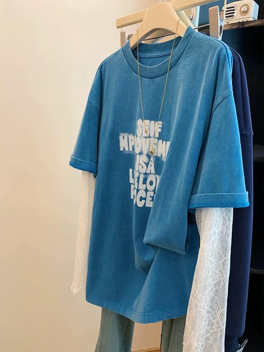 빅 사이즈 300 근 봄 여름 아메리칸 자외선 차단 기본 셔츠 페이크 레이어드 맨위 이미지 3