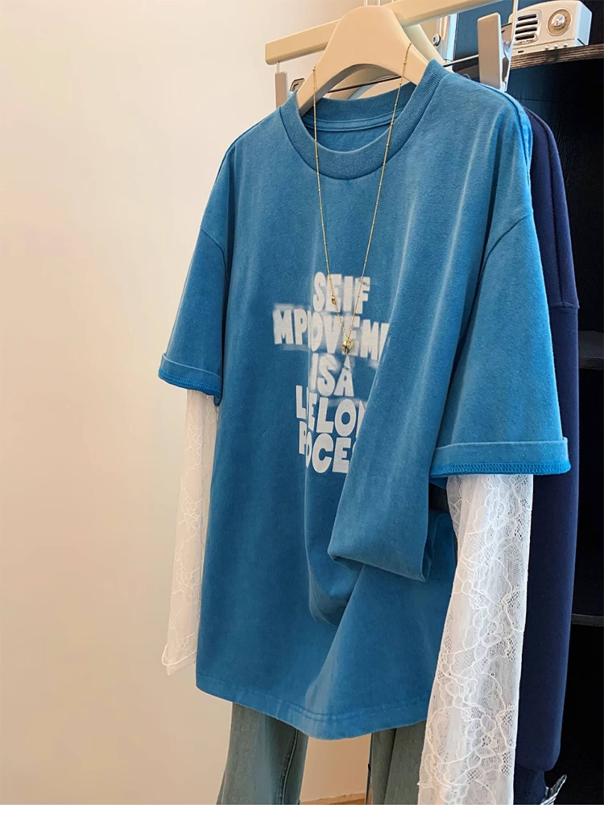 빅 사이즈 300 근 봄 여름 아메리칸 자외선 차단 기본 셔츠 페이크 레이어드 맨위 상세 이미지 2
