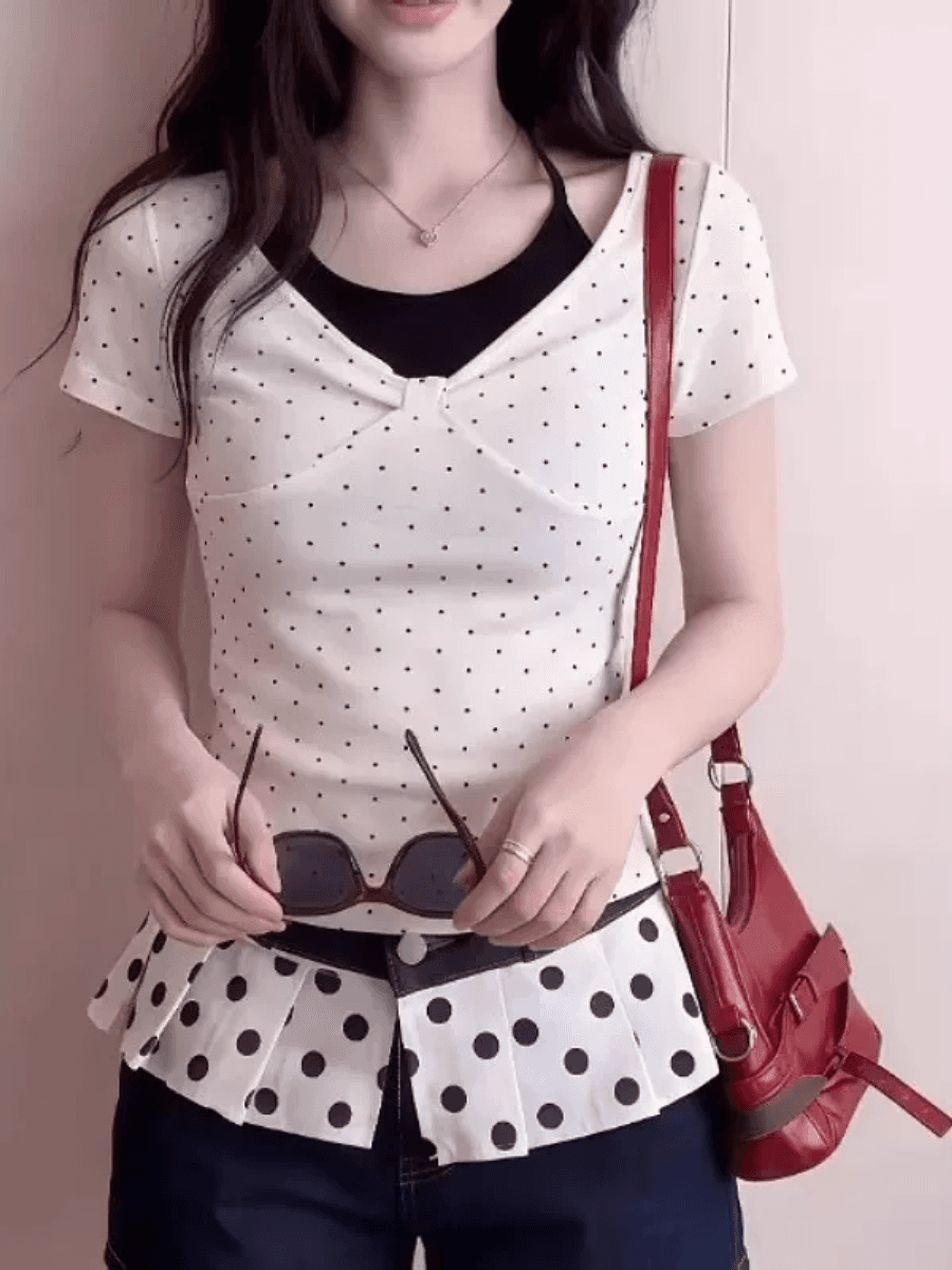 빅 사이즈 한 부서 페이크 레이어드 반팔 여성 여름 착용 가져 가라. 도트 무늬 싸움 이미지 3