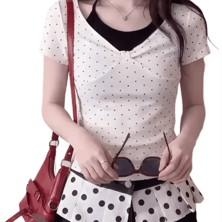 빅 사이즈 한 부서 페이크 레이어드 반팔 여성 여름 착용 가져 가라. 도트 무늬 싸움 이미지 5