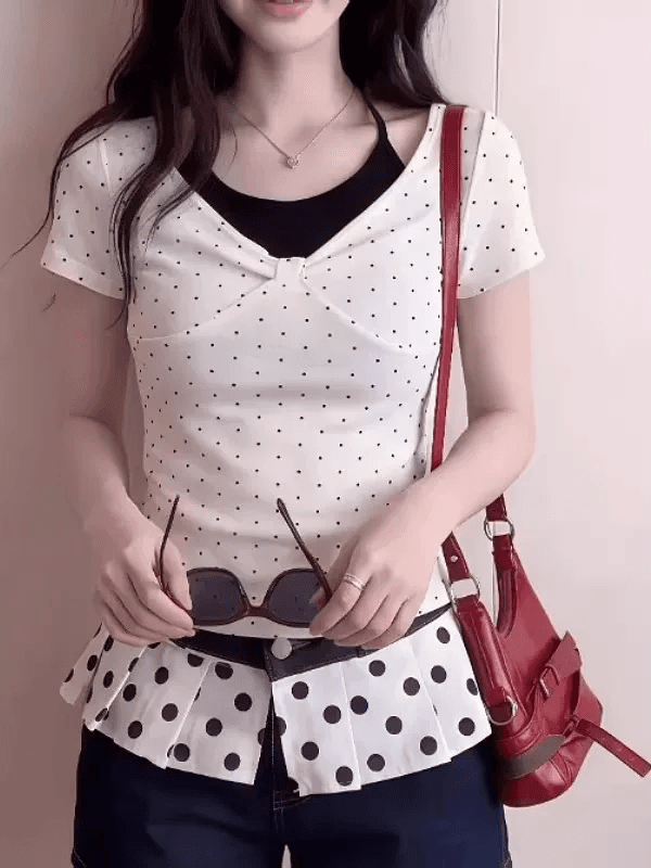 빅 사이즈 한 부서 페이크 레이어드 반팔 여성 여름 착용 가져 가라. 도트 무늬 싸움 상세 이미지 1