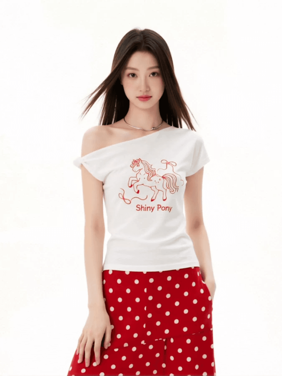 빅 사이즈 순수한 욕망 바람 화이트 비스듬한 어깨 반팔 티셔츠 여성 여름 한 부서