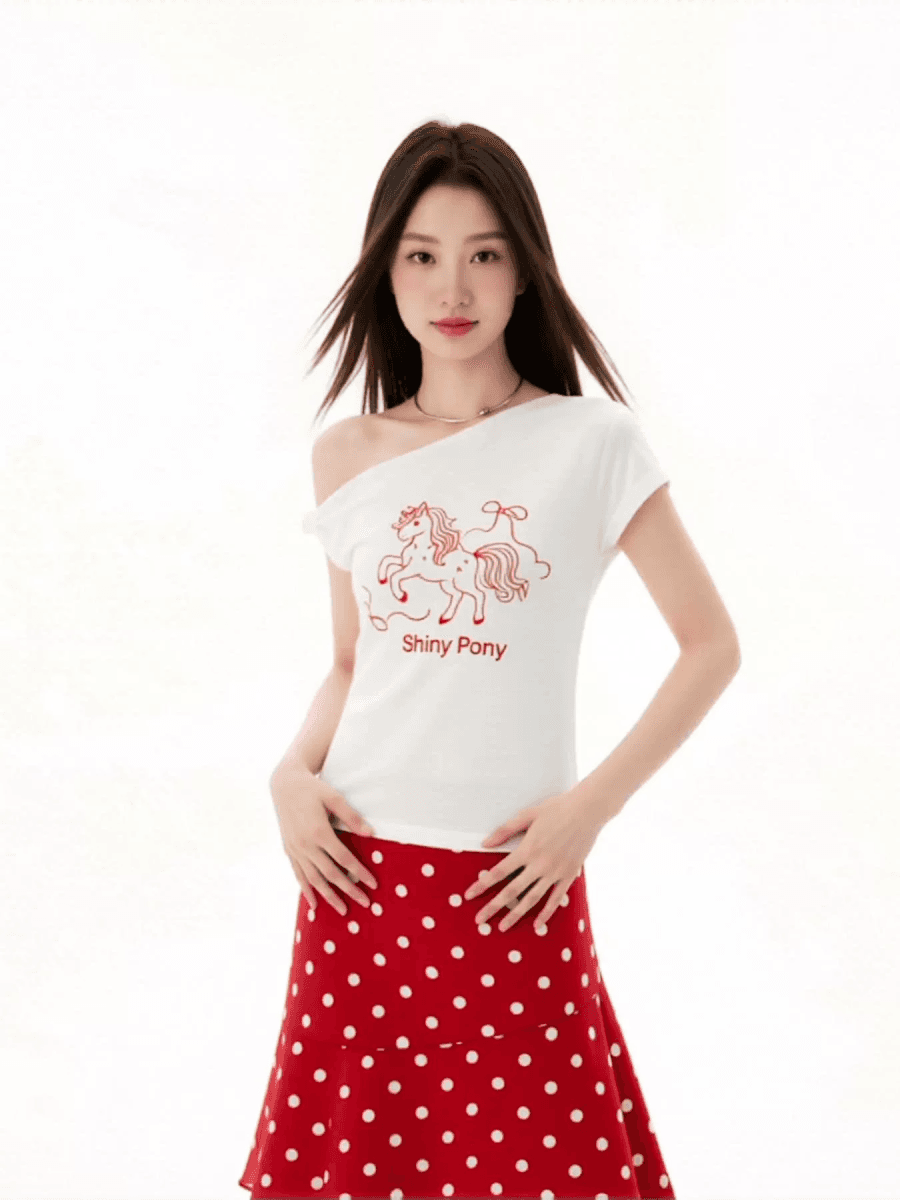 빅 사이즈 순수한 욕망 바람 화이트 비스듬한 어깨 반팔 티셔츠 여성 여름 한 부서 이미지 2