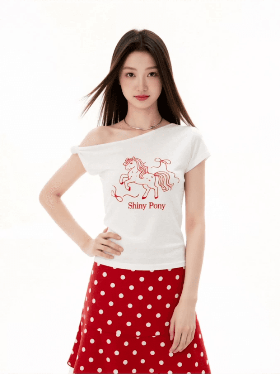 빅 사이즈 순수한 욕망 바람 화이트 비스듬한 어깨 반팔 티셔츠 여성 여름 한 부서 이미지 4