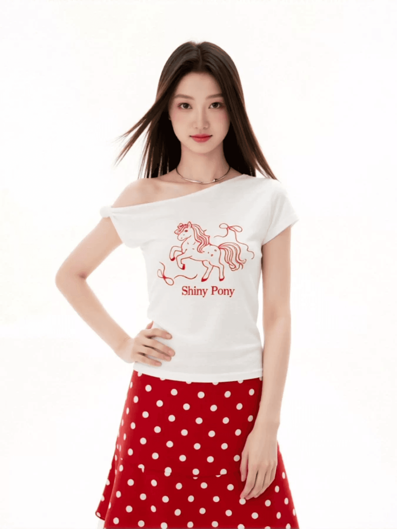 빅 사이즈 순수한 욕망 바람 화이트 비스듬한 어깨 반팔 티셔츠 여성 여름 한 부서 상세 이미지 3