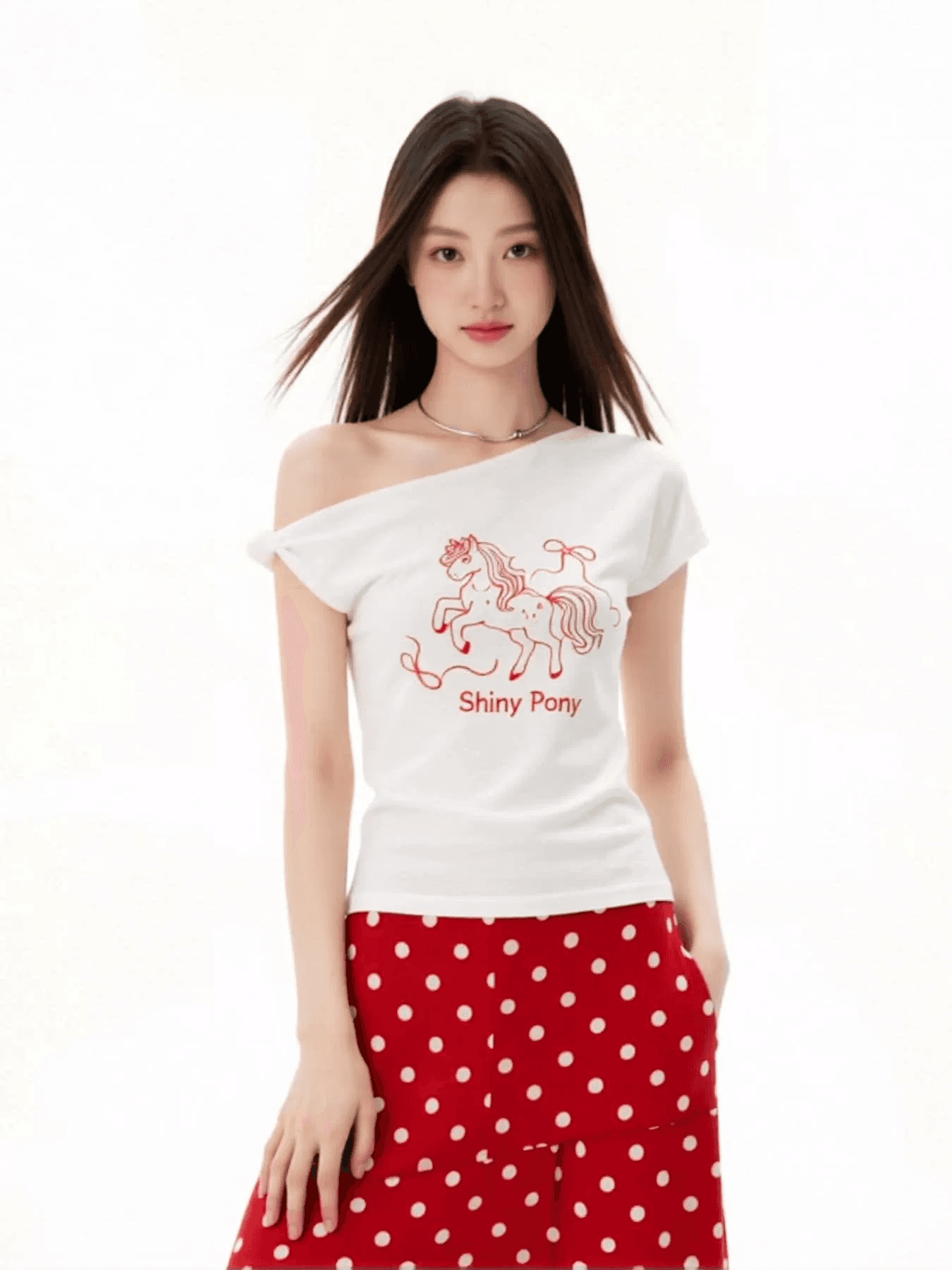 빅 사이즈 순수한 욕망 바람 화이트 비스듬한 어깨 반팔 티셔츠 여성 여름 한 부서 상세 이미지 4