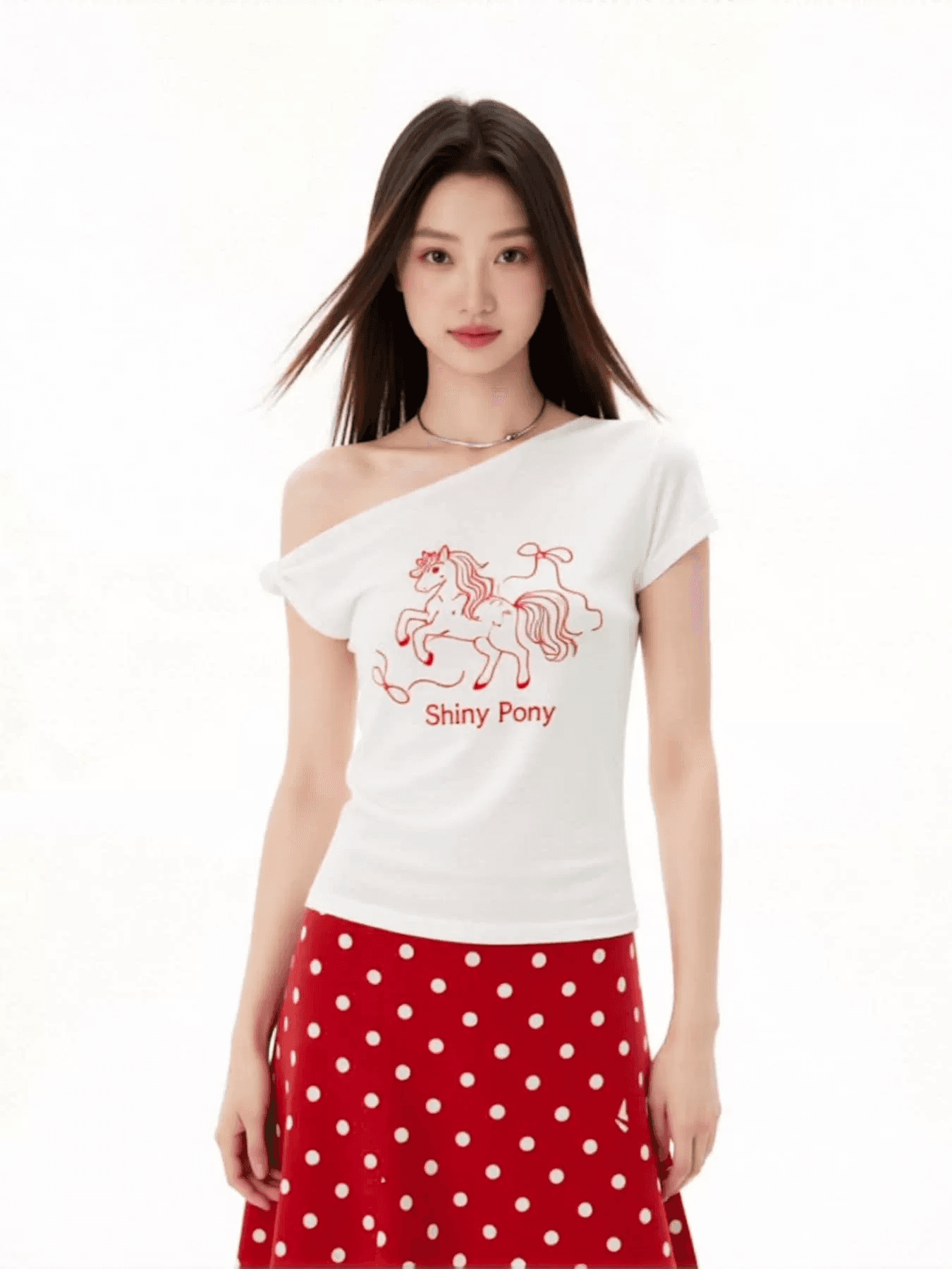 빅 사이즈 순수한 욕망 바람 화이트 비스듬한 어깨 반팔 티셔츠 여성 여름 한 부서 상세 이미지 5