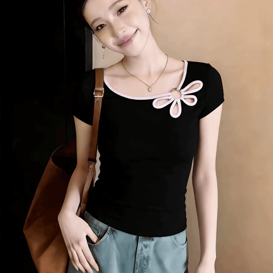 빅 사이즈 검정색 패치워크 작은 대중 꽃 홀로우 아웃 Chic 티셔츠 이미지 5